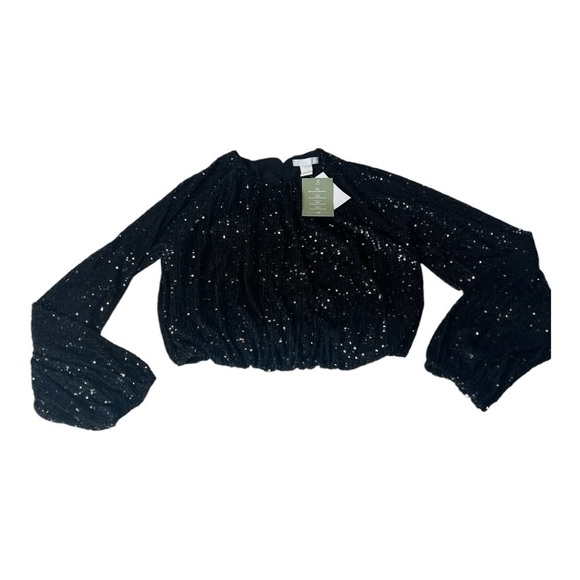H&M‎ Black Bubble Hem Oversized Long Sleeve Crop Sequins Top NEW Size XS - Picture 8 of 15